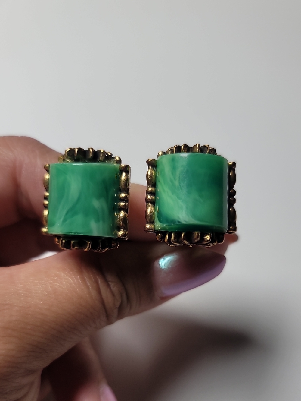 Ornate Mid-Century Marbleized Green Lucite Clip On Earrings, Vintage Estate